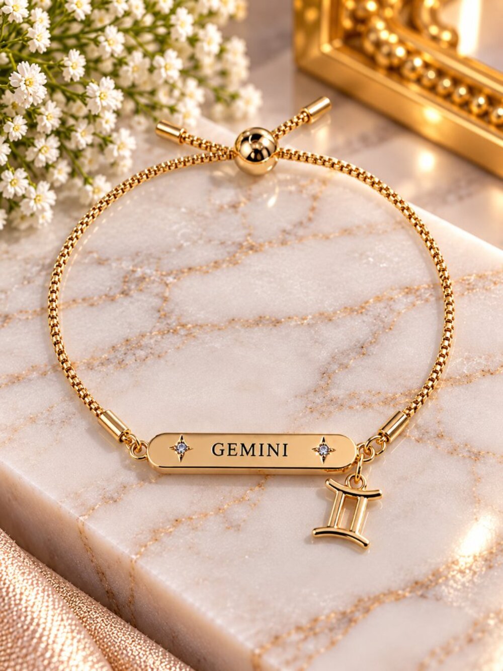 Gemini Gold Reversible Bar Adjustable Bracelet w/ Gemini Charm - Fashion Jewelry
